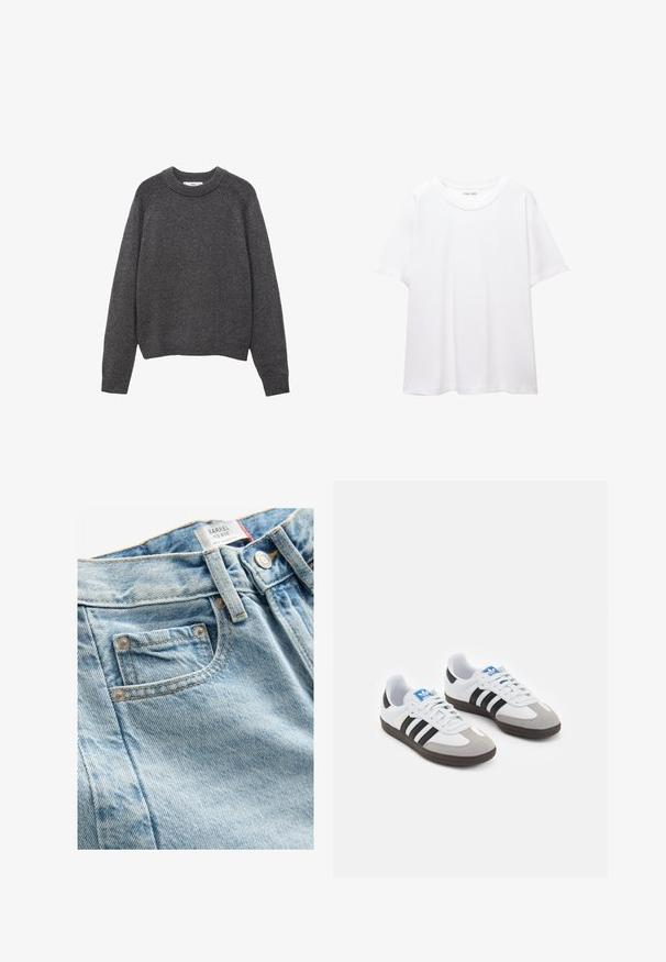 Tumma harmaa neuletakki, jossa on pyöreä pääntie, ribbaatut hihansuut ja helma. Neulostekstuuri, rento malli ja pitkät hihat.; Valkoinen t-paita, joka on valmistettu puuvillasta, pyöreällä pääntiellä, lyhyillä hihoilla ja rentona istuvuutena. Suora pinta ilman kuvioita tai koristeluita.; Vaaleansiniset farkut keskikorkealla vyötäröllä, joissa on etutasku, kontrastiväriset ompeleet ja metalliset yksityiskohdat. Kangas on hienovaraisesti teksturoitu.; Urheilukengät, joissa on valkoinen nahkainen päällinen, harmaa mokkanokka ja kolme mustaa raitaa. Ominaisuuksina sininen logo kielekkeessä ja kuvioitu kumipohja.