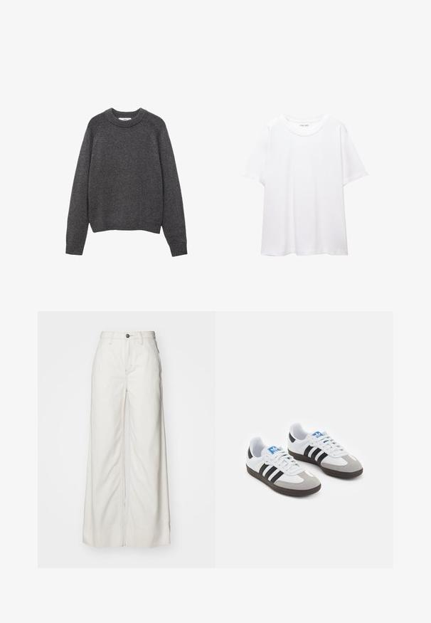 Tumma harmaa neuletakki, jossa on pyöreä pääntie, ribbaatut hihansuut ja helma. Neulostekstuuri, rento malli ja pitkät hihat.; Valkoinen t-paita, joka on valmistettu puuvillasta, pyöreällä pääntiellä, lyhyillä hihoilla ja rentona istuvuutena. Suora pinta ilman kuvioita tai koristeluita.; Valkoiset leveälahkeiset farkut, joissa on korkea vyötärö, etupainike ja puhdas, suora leikkaus ilman kuvioita.; Urheilukengät, joissa on valkoinen nahkainen päällinen, harmaa mokkanokka ja kolme mustaa raitaa. Ominaisuuksina sininen logo kielekkeessä ja kuvioitu kumipohja.