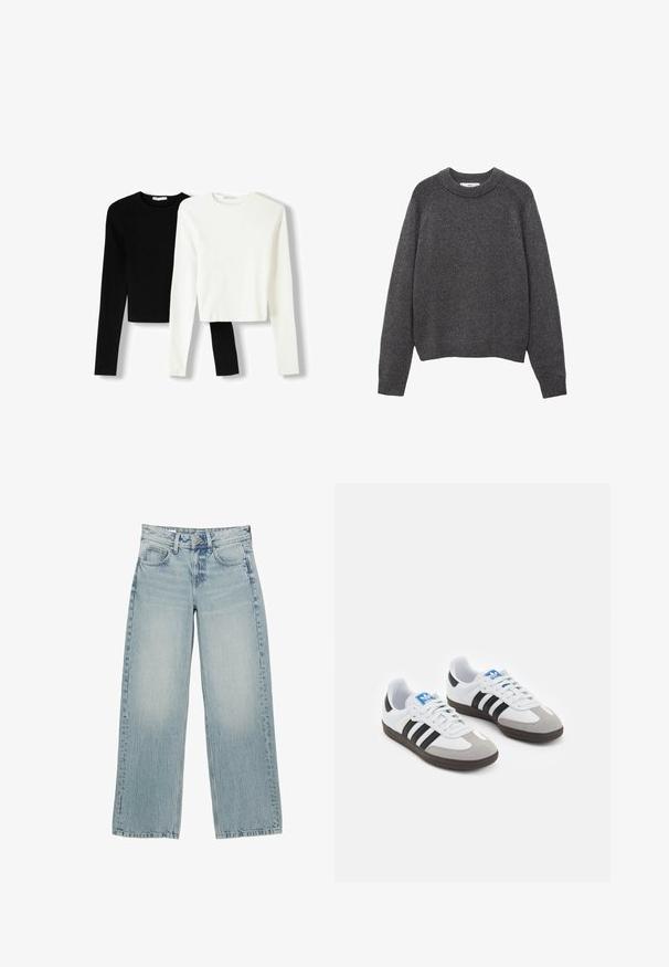 Tumma harmaa neuletakki, jossa on pyöreä pääntie, ribbaatut hihansuut ja helma. Neulostekstuuri, rento malli ja pitkät hihat.; Kaksi pitkähihasta lyhyttä paitaa, toinen musta ja toinen valkoinen, valmistettu sileästä kankaasta, pyöreällä kaula-aukolla ja vartalonmyötäisellä muotoilulla.; Vaaleansiniset leveälahkeiset farkut korkealla vyötäröllä, joissa on viisi taskua, napitus ja hienovarainen kuluminen käytetyn efektin saavuttamiseksi.; Urheilukengät, joissa on valkoinen nahkainen päällinen, harmaa mokkanokka ja kolme mustaa raitaa. Ominaisuuksina sininen logo kielekkeessä ja kuvioitu kumipohja.