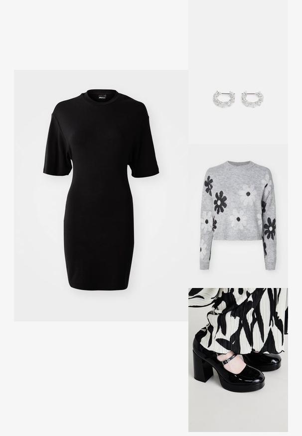 Pull en maille cropped gris clair avec des motifs floraux noirs et blancs, encolure ronde et poignets côtelés. Texture douce, design décontracté.; Robe noire à manches courtes en tissu doux. Présente un col rond et une silhouette ajustée avec un ourlet jusqu'au genou.; Chaussures à plateforme en cuir verni noir avec un bout arrondi et une bride de cheville, dotées d'un talon haut massif et d'une finition lisse et brillante.; Boucles d'oreilles en argent en forme de créoles avec des cristaux clairs, rectangulaires et triangulaires disposés en motif. Fermeture à tige pour un maintien sûr.