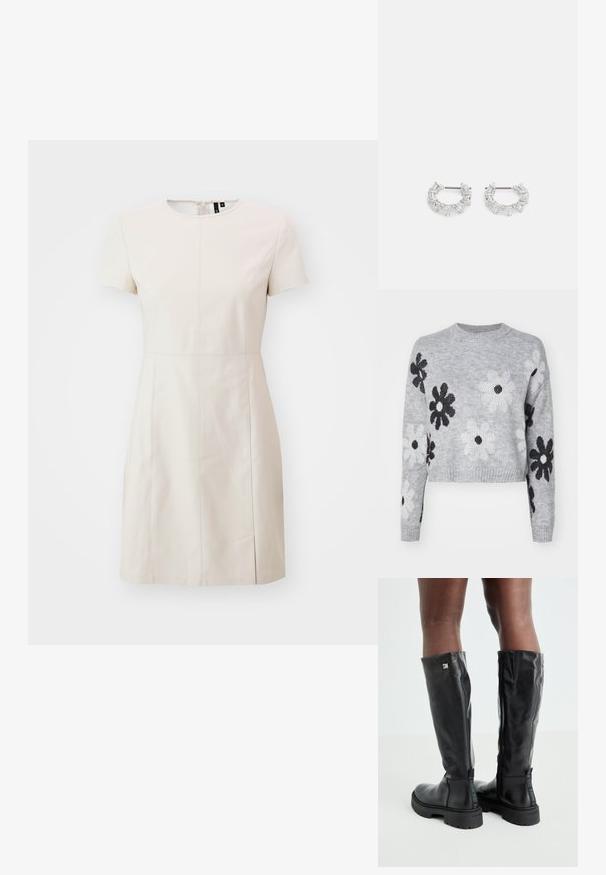 Helehallid lühikeste varrukatega kudum, millel on must-valged lillemustrid, ümmargune kaelus ja soonikkoes mansetid. Pehme tekstuur ja ajatu disain.; Kreemikas lühikeste varrukatega kleit ümmarguse kaelusega, vertikaalselt kulgevate õmblustega ja peene külje lõhiku lisadetailiks.; Mustad põlvikõrgused mustad nahast saapad, millel on sile tekstuur, ümar varvas, paks põhi ja tõmblukk. Küljel on hõbedane logo.; Hõbedased rõngakõrvarõngad, millel on selged, ristkülikukujulised ja kolmnurkse kujuga kristallid, mis on paigutatud mustriga disaini. Kõrvarõngaid kinnitavad postid, et tagada kindel kinnitamine.