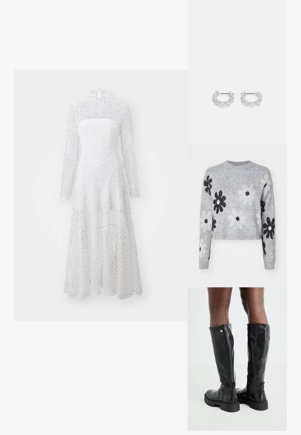 Világosszürke, rövidített kötött pulóver fekete és fehér virágmintával, kerek nyakkivágással és bordázott mandzsettákkal. Puha tapintás, lezser dizájn.; Fehér ruha hosszú ujjakkal és magas nyakkivágással, kör alakú csipke mintás anyagból készült, lebegő, réteges szegéllyel.; Fekete, térd fölé érő bőr csizmák sima textúrával, lekerekített orral, vastag talppal és cipzáras záródással. Ezüst színű logó található az oldalon.; Ezüst karika fülbevalók, átlátszó, téglalap és háromszög alakú kristályokkal, mintás elrendezésben. Biztonságos rögzítést biztosító fülbevaló pálcikák.