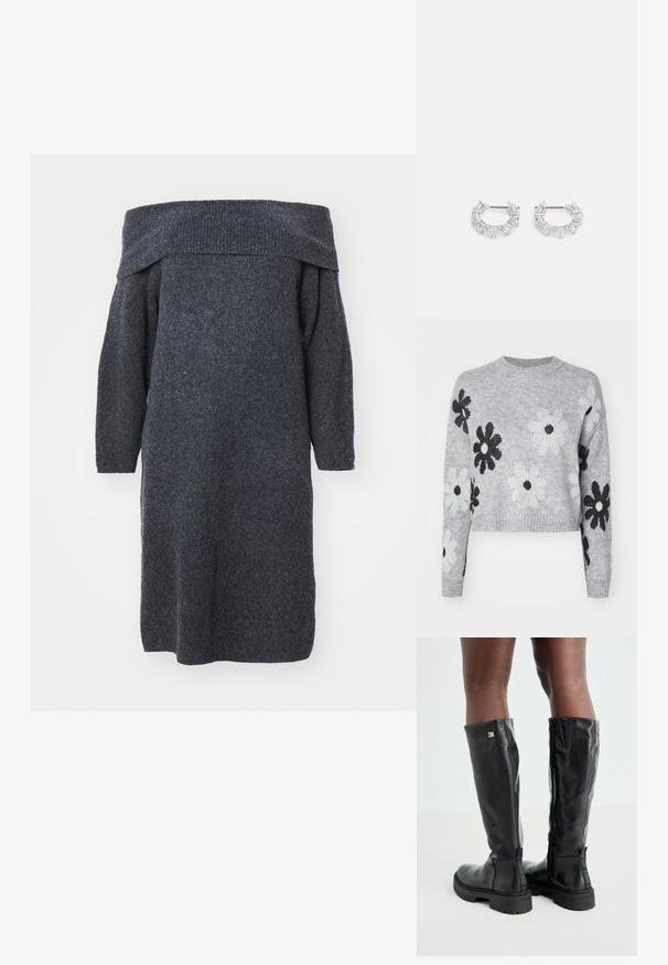 Gaišpelēka īsa adīta džemperis ar melnbaltiem ziedu rakstiem, apaļš dekoltē un ribotas piedurknes. Mīksta tekstūra, ikdienišķs dizains.; Kleita ar off-the-shoulder izgriezumu, tumši pelēka, adīta, ar garām piedurknēm, brīvi pieguļoša, ar ribotas apdari ap kaklu, demonstrējot teksturētu audumu.; Melnas ādas zābaki līdz ceļiem ar gludu tekstūru, noapaļotu purngali, masīvu zoli un rāvējslēdzēju. Sānos atrodas sudraba logo.; Sudraba auskari ar apaļām gredzeniem, kuriem ir caurspīdīgi, taisnstūra un trīsstūra formas kristāli, sakārtoti rakstainā dizainā. Ar stiprinājuma tapas drošai fiksēšanai.