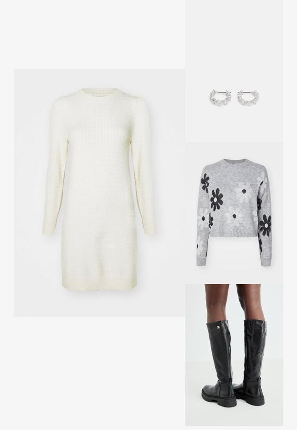 Svetlo sivi skrajšani pleteni pulover z črno-belimi cvetličnimi vzorci, okroglim izrezom in rebrastimi hlačami. Mehka tekstura, sproščen dizajn.; Kremno obarvana pletena obleka z dolgimi rokavi, rebrastimi manšetami in teksturiranim vzorcem po celotni obleki; okrogla izreza in rob pada nad kolena.; Črne usnjene škornje do kolen z gladko teksturo, zaobljenim nosom, debelim podplatom in zadrgo. Imajo srebrni logo na strani.; Srebrni obročasti uhani, ki vsebujejo prozorne, pravokotne in trikotne kristale, razporejene v vzorčnem dizajnu. Imajo nastavke za varno pritrjevanje.