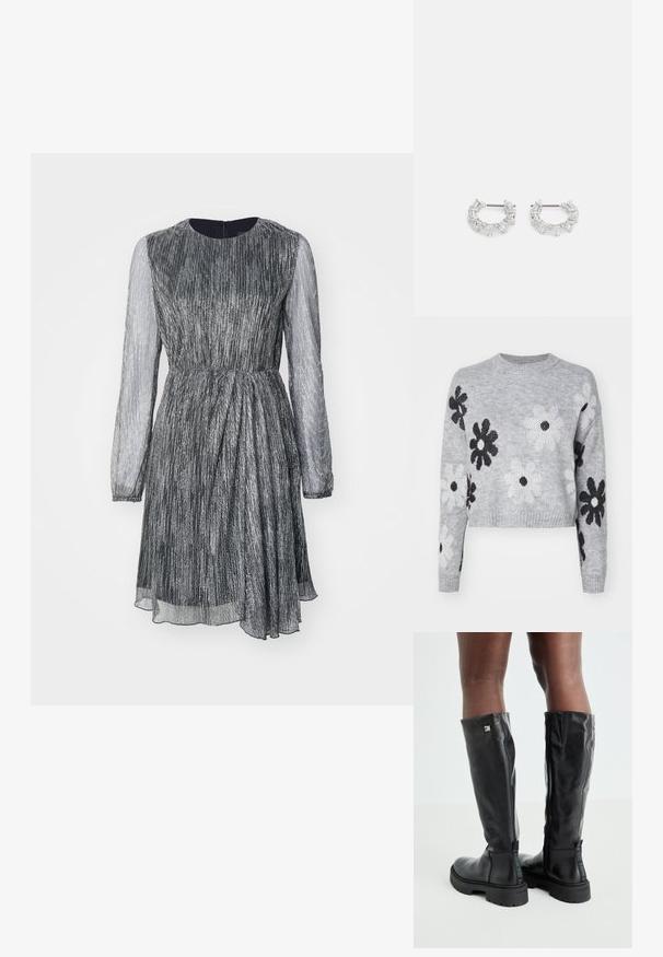 Helehallid lühikeste varrukatega kudum, millel on must-valged lillemustrid, ümmargune kaelus ja soonikkoes mansetid. Pehme tekstuur ja ajatu disain.; Lühikeste varrukatega kleit, millel on kitsas talje, volditud disain, metallik hõbedane kangas ja läbipaistvad pikad varrukad, ringkrae ja selja tõmbluku detail.; Mustad põlvikõrgused mustad nahast saapad, millel on sile tekstuur, ümar varvas, paks põhi ja tõmblukk. Küljel on hõbedane logo.; Hõbedased rõngakõrvarõngad, millel on selged, ristkülikukujulised ja kolmnurkse kujuga kristallid, mis on paigutatud mustriga disaini. Kõrvarõngaid kinnitavad postid, et tagada kindel kinnitamine.