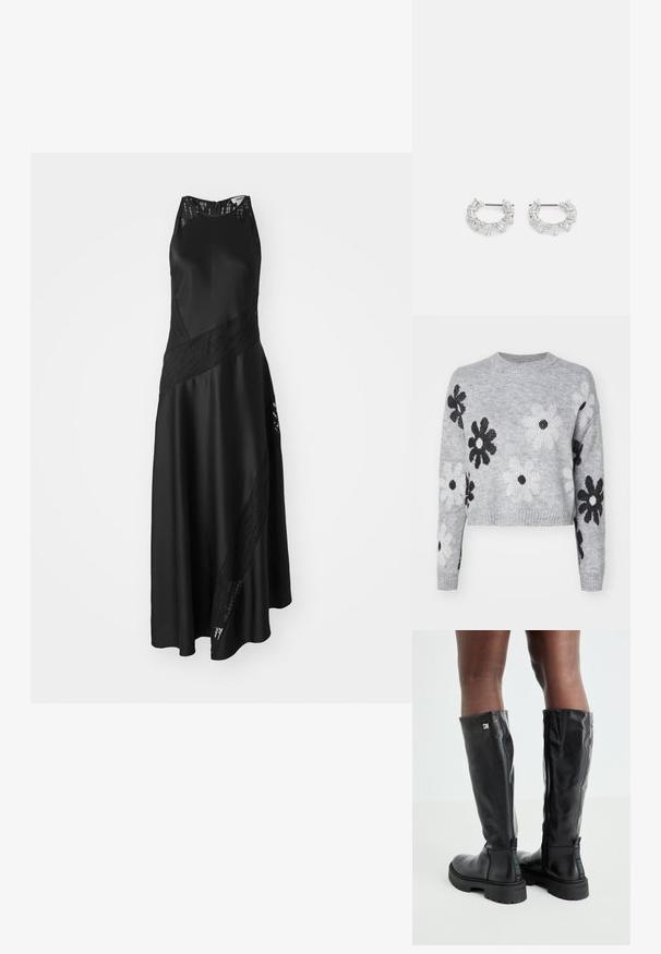Jasnoszary krótki sweter dziewiarski z czarno-białymi wzorami kwiatowymi, okrągłym dekoltem i ściągaczami. Miękka tekstura, casualowy fason.; Czarna satynowa sukienka bez rękawów, z koronkową wstawką i asymetrycznym dołem. Gładka tekstura z subtelnymi detalami.; Czarne skórzane kozaki do kolan o gładkiej fakturze, okrągłym nosku, grubej podeszwie i zamek błyskawiczny. Na boku znajduje się srebrne logo.; Srebrne kolczyki w kształcie kół z przezroczystymi, prostokątnymi i trójkątnymi kryształami ułożonymi w wzorzysty design. Zapięcia dla zapewnienia bezpieczeństwa.