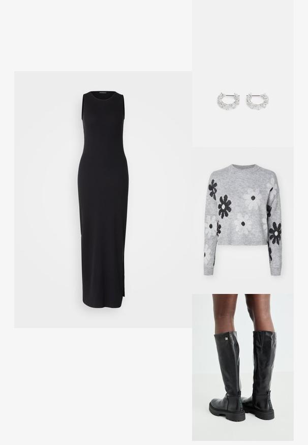 Sweater de malha cinza claro, cropped, com padrões de flores em preto e branco, gola redonda e punhos canelados. Textura suave, design casual.; Vestido maxi sem mangas preto com silhueta ajustada, textura canelada, decote redondo e fenda lateral para facilitar o movimento.; Botas de couro pretas até ao joelho, com textura suave, bico arredondado, sola robusta e fecho com zipper. Apresenta um logo prateado de lado.; Brincos de argola prateados com cristais claros, retangulares e triangulares dispostos em um design padronizado. Pinos para um fecho seguro.