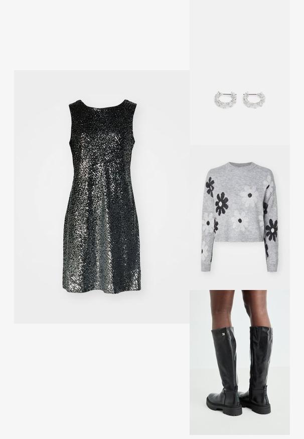 Világosszürke, rövidített kötött pulóver fekete és fehér virágmintával, kerek nyakkivágással és bordázott mandzsettákkal. Puha tapintás, lezser dizájn.; Fekete, ujjatlan ruha, amelyet apró flitterek borítanak, így csillogó hatást kelt. Egyszerű, kerek nyakkivágás és A-vonalú sziluett jellemzi.; Fekete, térd fölé érő bőr csizmák sima textúrával, lekerekített orral, vastag talppal és cipzáras záródással. Ezüst színű logó található az oldalon.; Ezüst karika fülbevalók, átlátszó, téglalap és háromszög alakú kristályokkal, mintás elrendezésben. Biztonságos rögzítést biztosító fülbevaló pálcikák.