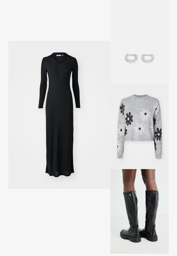 Svetlo sivi skrajšani pleteni pulover z črno-belimi cvetličnimi vzorci, okroglim izrezom in rebrastimi hlačami. Mehka tekstura, sproščen dizajn.; Črna rebrasta maxi obleka z dolgimi rokavi, ovratnikom v obliki črke V in prilegajočim silhueto, izdelana iz mehke, teksturirane tkanine.; Črne usnjene škornje do kolen z gladko teksturo, zaobljenim nosom, debelim podplatom in zadrgo. Imajo srebrni logo na strani.; Srebrni obročasti uhani, ki vsebujejo prozorne, pravokotne in trikotne kristale, razporejene v vzorčnem dizajnu. Imajo nastavke za varno pritrjevanje.