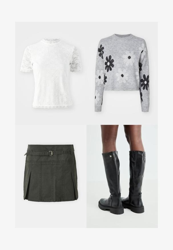 Ljusgrå kort stickad tröja med svartvita blommönster, rund halsringning och ribbade ärmslut. Mjuk textur, avslappnad design.; Vit kortärmad topp i spets med blommönster. Har hög krage och vågiga kanter vid ärmar och nederkant. Bakre stängning.; Mörkgrön, bomull mini kjol med en figursydd midja, ett bälte och framfall. Har stikningar och en klassisk passform.; Svarta knähöga läderstövlar med en slät textur, rund tå, kraftig sula och dragkedjestängning. Har en silverlogotyp på sidan.