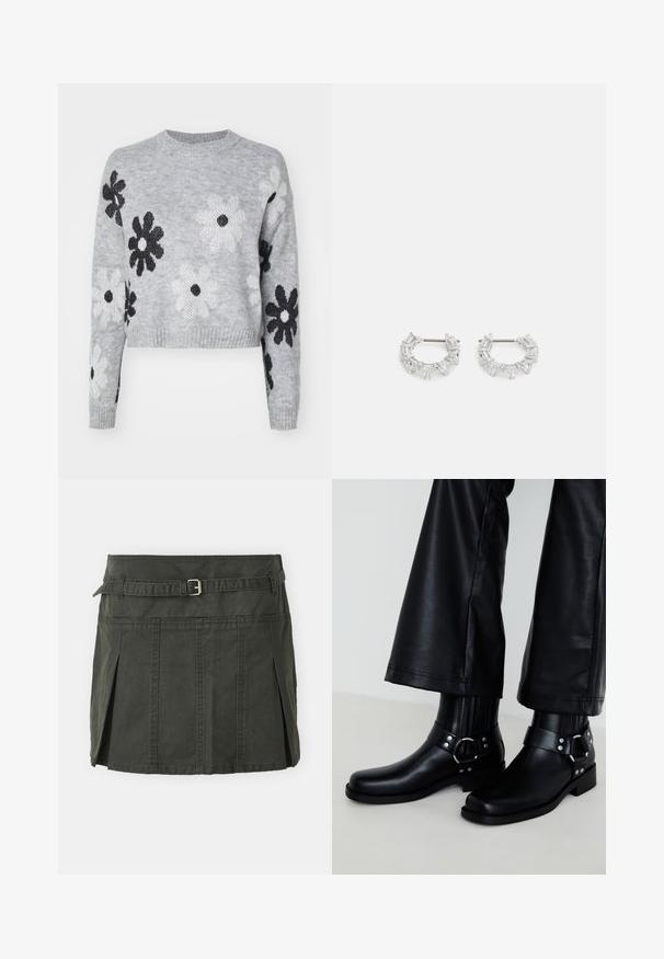 Svijetlosivi skraćeni pleteni džemper s uzorkom crno-bijelih cvjetova, okruglim izrezom i rebrastim manžetama. Mekana tekstura, ležerni dizajn.; Tamnozelena pamučna mini suknja s uskim strukom, remenom i prednjim plisama. Sadrži detalje šivanja i klasičan kroj.; Crne kožne čizme do gležnja sa zaobljenim vrhom, koje sadrže dekorativnu kopču i zakovice na trakama, kao i vertikalni rebrasti detalj.; Srebrne naušnice s okruglom petljom koje sadrže prozirne, pravokutne i trokutaste kristale raspoređene u uzorak. Kopče za sigurno pričvršćivanje.