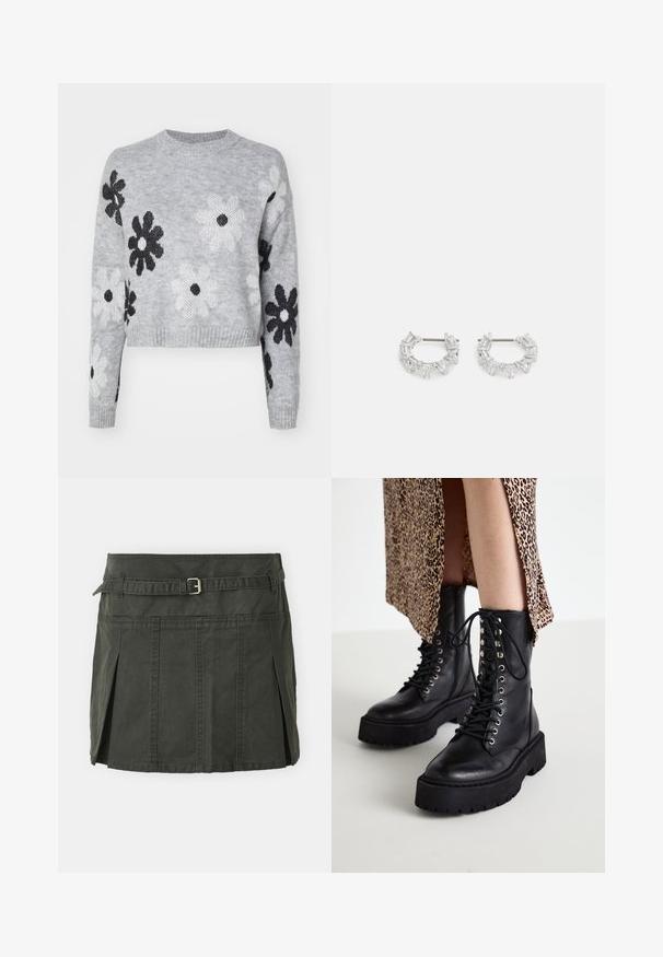 Pull en maille cropped gris clair avec des motifs floraux noirs et blancs, encolure ronde et poignets côtelés. Texture douce, design décontracté.; Jupe mini en coton vert foncé avec une taille cintrée, une ceinture et des plis sur le devant. Présente des détails de couture et une coupe classique.; Bottes de combat en cuir noir avec semelles en caoutchouc épais, fermeture à lacets à l'avant et œillets métalliques. Cuir texturé et design de plateforme contrasté.; Boucles d'oreilles en argent, ornées de cristaux clairs rectangulaires et triangulaires disposés en cercle autour d'un axe central pour le maintien.