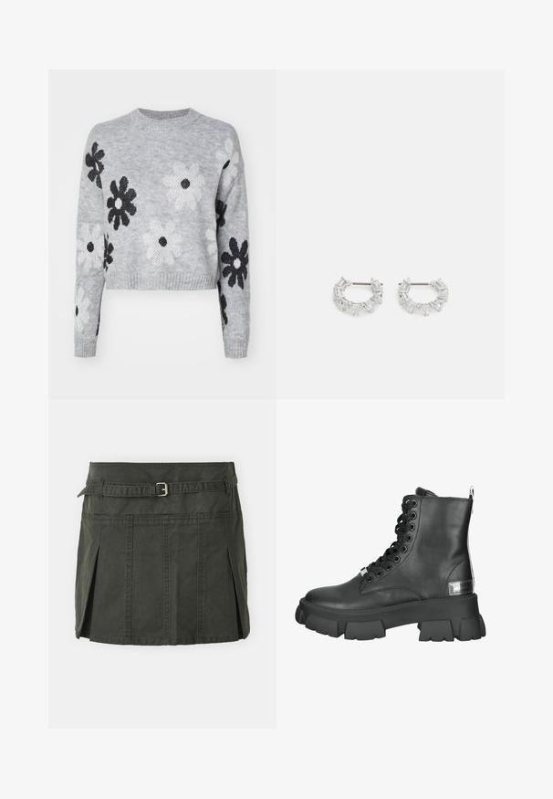 Maglione corto grigio chiaro a maglia con motivi floreali in bianco e nero, scollo rotondo e polsini a costine. Tessuto morbido, design casual.; Gonna mini in cotone verde scuro, con vita aderente, una cintura e pieghe frontali. Presenta dettagli di cucitura e un taglio classico.; Stivaletti neri in pelle con suola piatta chunky, punta rotonda, lacci frontali con occhielli metallici e una linguetta sul retro.; Orecchini a cerchio in argento con cristalli trasparenti, rettangolari e triangolari disposti in un design a motivi. presenza di perni per un fissaggio sicuro.