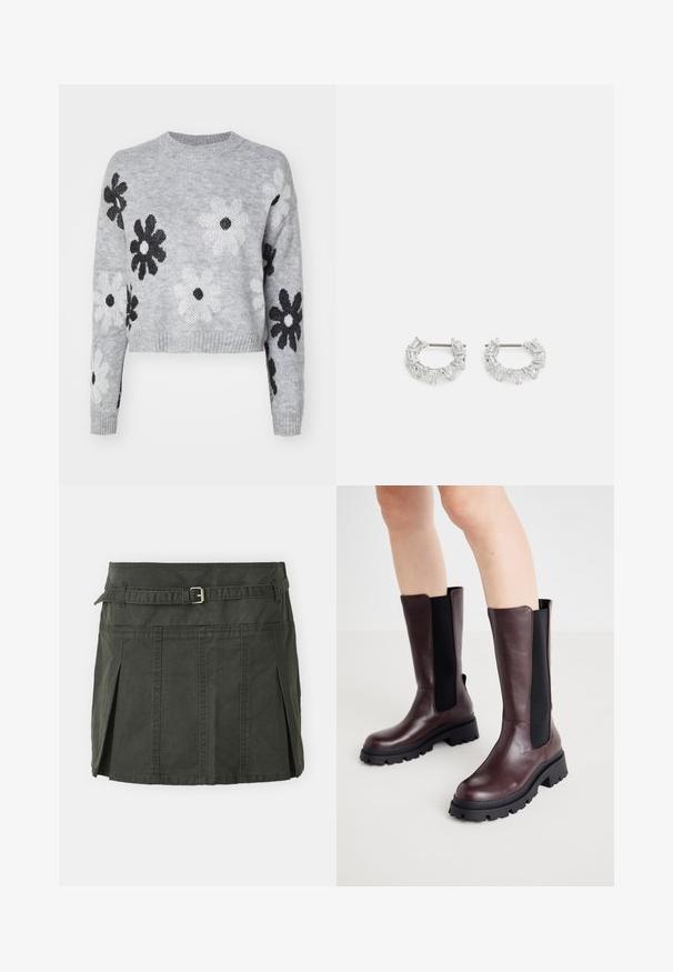 Ljusgrå kort stickad tröja med svartvita blommönster, rund halsringning och ribbade ärmslut. Mjuk textur, avslappnad design.; Mörkgrön, bomull mini kjol med en figursydd midja, ett bälte och framfall. Har stikningar och en klassisk passform.; ONLY SHOES ONLDOJA - Platåstövlar - brown; Silverfärgade hoops örhängen som har klara, rektangulära och triangulära kristaller arrangerade i ett mönstrat design. Stift för säker fastsättning.