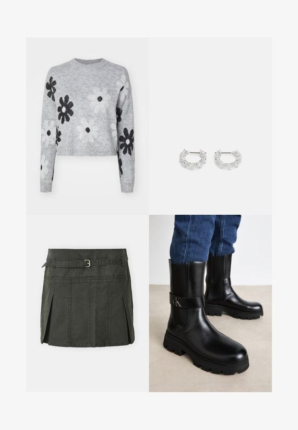 Ljusgrå kort stickad tröja med svartvita blommönster, rund halsringning och ribbade ärmslut. Mjuk textur, avslappnad design.; Mörkgrön, bomull mini kjol med en figursydd midja, ett bälte och framfall. Har stikningar och en klassisk passform.; Calvin Klein Jeans CHUNKY COMBAT CHELSEA - Platåstövlar - triple black; Silverfärgade hoops örhängen som har klara, rektangulära och triangulära kristaller arrangerade i ett mönstrat design. Stift för säker fastsättning.