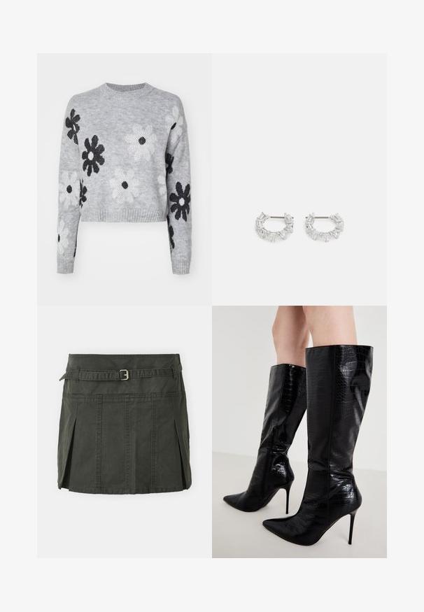 Maglione corto grigio chiaro a maglia con motivi floreali in bianco e nero, scollo rotondo e polsini a costine. Tessuto morbido, design casual.; Gonna mini in cotone verde scuro, con vita aderente, una cintura e pieghe frontali. Presenta dettagli di cucitura e un taglio classico.; Even&Odd Stivali con i tacchi - black; Orecchini a cerchio in argento con cristalli trasparenti, rettangolari e triangolari disposti in un design a motivi. presenza di perni per un fissaggio sicuro.
