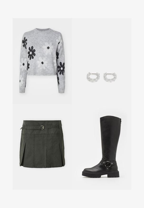 Light gray cropped knit sweater with black and white flower patterns, round neckline, and ribbed cuffs. Soft texture, casual design.; Dark green, cotton mini skirt with a fitted waist, a belt, and front pleats. Features stitching details and a classic cut.; Knee-high black leather boot with a round buckle accent. Features a sturdy sole and textured finish, with a smooth upper and adjustable strap.; Silver hoop earrings featuring rectangular and triangular clear crystals arranged in a circular pattern with a central post for fastening.