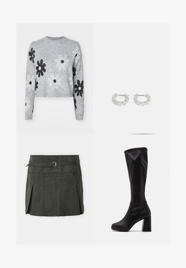 Suéter de punto recortado en gris claro con patrones de flores en blanco y negro, cuello redondo y puños acanalados. Textura suave, diseño casual.; Minifalda de algodón verde oscuro con cintura ajustada, cinturón y pliegues frontales. Presenta detalles de costura y un corte clásico.; Botas negras hasta la rodilla, hechas de cuero suave, con un tacón grueso y paneles laterales elásticos para facilitar su uso.; Pendientes de aro de plata con cristales claros, rectangulares y triangulares dispuestos en un diseño en patrones. Con tachuelas para un cierre seguro.
