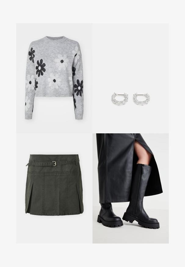 Svetle šedý cropped pletený svetr s černobílými květinovými vzory, kulatým výstřihem a žebrovanými manžetami. Měkká textura, ležérní design.; Tmavě zelená, bavlněná mini sukně s přiléhavým pasem, páskem a předními sklady. Obsahuje detaily šití a klasický střih.; Černé kozačky po kolena s hrubou podešví, hladkým koženým povrchem, bočním zipem a minimalistickým designem, v kombinaci s černou sukní s rozparkem.; Stříbrné kruhové náušnice s obdélníkovými a trojúhelníkovými průhlednými krystaly uspořádanými do kruhového vzoru se středovým upevněním.