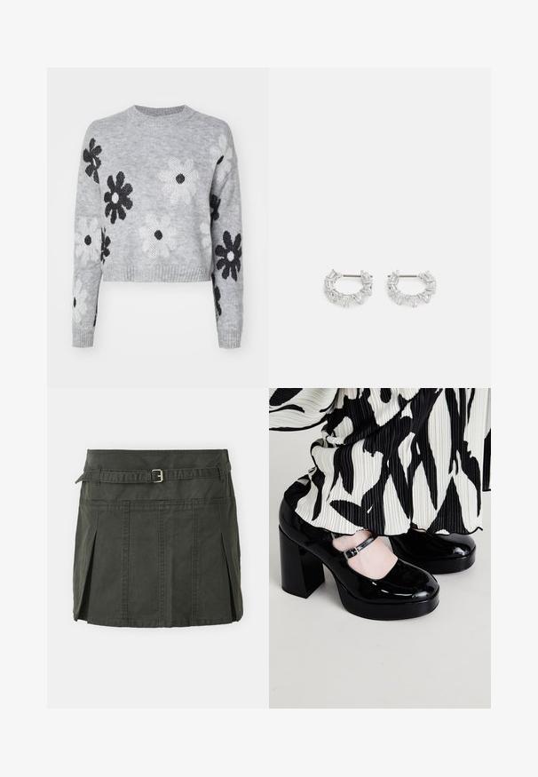 Pull en maille cropped gris clair avec des motifs floraux noirs et blancs, encolure ronde et poignets côtelés. Texture douce, design décontracté.; Jupe mini en coton vert foncé avec une taille cintrée, une ceinture et des plis sur le devant. Présente des détails de couture et une coupe classique.; Chaussures à plateforme en cuir verni noir avec un bout arrondi et une bride de cheville, dotées d'un talon haut massif et d'une finition lisse et brillante.; Boucles d'oreilles en argent en forme de créoles avec des cristaux clairs, rectangulaires et triangulaires disposés en motif. Fermeture à tige pour un maintien sûr.