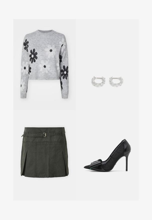 Világosszürke, rövidített kötött pulóver fekete és fehér virágmintával, kerek nyakkivágással és bordázott mandzsettákkal. Puha tapintás, lezser dizájn.; Sötétzöld, pamut mini szoknya, formázott derékkal, övvel és elülső pliszékkel. Varrott részletekkel és klasszikus szabással rendelkezik.; Fekete magassarkú cipő, hegyes orral, sima bőr elülső résszel és texturált hálós oldalakkal, nagy masni díszítéssel.; Ezüst karika fülbevalók, átlátszó, téglalap és háromszög alakú kristályokkal, mintás elrendezésben. Biztonságos rögzítést biztosító fülbevaló pálcikák.