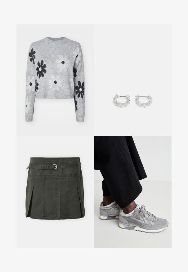 Svetlošedý skrátený úpletový sveter s čierno-bielymi vzormi kvetov, okrúhly výstrih a rebrované manžety. Mäkka textúra, ležérny dizajn.; Tmavozelená bavlnená mini sukňa s priliehavým pásom, pásikom a prednými prehybmi. Obsahuje detaily šitia a klasický strih.; Sivé tenisky z materiálu so sieťovinou a semišom, s bielou podrážkou, svetlosivými akcentmi a šnúrkami. Nosí sa s voľnými čiernymi látkovými nohavicami.; Strieborné kruhové náušnice s jasnými, obdĺžnikovými a trojuholníkovými kryštálmi usporiadanými v vzorovom dizajne. Západky pre zabezpečenie upevnenia.