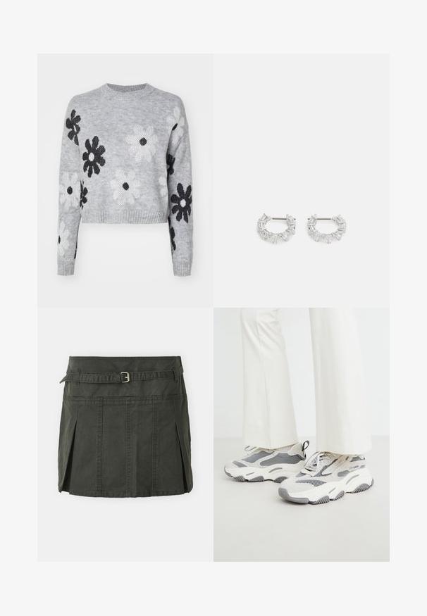 Helehallid lühikeste varrukatega kudum, millel on must-valged lillemustrid, ümmargune kaelus ja soonikkoes mansetid. Pehme tekstuur ja ajatu disain.; Tume roheline puuvillane mini-seelik, mis on kätkestatud vöökoht, vöö ja esipleatiga. Omab õmblusdetailsusi ja klassikalist lõiget.; Köiedesti sportlikud tossud helesinises värvitoonis, mis on valmistatud koos võrgu ja tekstiilmaterjalide segu, mustriliste aktsentidega ja paksu kummitald.; Hõbedased rõngaskõrvarõngad, millel on kätkestatud ja kolmnurksed selged kristallid, paigutatud ringikujulisse mustrisse, kus keskpunktis on kinnitust post.