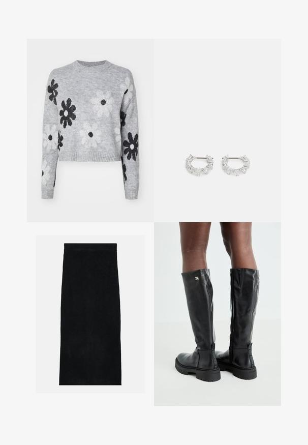 Suéter de punto recortado en gris claro con patrones de flores en blanco y negro, cuello redondo y puños acanalados. Textura suave, diseño casual.; Falda de toalla de rizo negra, con una superficie suave y texturizada y una cinturilla ajustada. El diseño es simple y uniforme, sin patrones ni acentos.; Botas de cuero negras hasta la rodilla con una textura suave, punta redondeada, suela gruesa y cierre de cremallera. Presenta un logotipo plateado en el lateral.; Pendientes de aro de plata con cristales claros, rectangulares y triangulares dispuestos en un diseño en patrones. Con tachuelas para un cierre seguro.