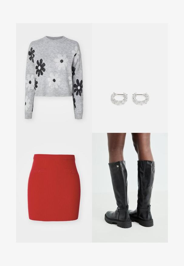Light gray cropped knit sweater with black and white flower patterns, round neckline, and ribbed cuffs. Soft texture, casual design.; Red ribbed knit skirt with a fitted design, featuring two small buttoned pockets on the front and a smooth waistband.; Black knee-high leather boots with a smooth texture, rounded toe, chunky sole, and zipper closure. Features silver logo on the side.; Silver hoop earrings featuring clear, rectangular and triangular crystals arranged in a patterned design. Posts for secure fastening.