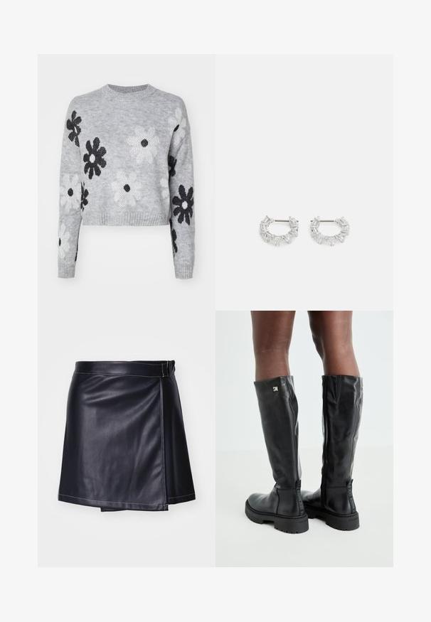 Šviesiai pilkas trumpas megztinis su juodais ir baltais gėlių raštais, apvaliu iškirpimu ir gumburuotomis rankovėmis. Minkšta tekstūra, laisvalaikio dizainas.; Juodas odinis mini sijonas su apvyniojimo dizainu, turintis lygų paviršių, baltus siuvinėjimo akcentus ir prigludusią juosmenį.; Juodos iki kelių odinės botai su lygiu paviršiumi, apvaliu pirštu, stambiu padu ir užtrauktuku. Ant šono yra sidabrinė logo.; Sidabrinės auskarų kabliukų formos auskarai, papuošti aiškiais, stačiakampiais ir trikampiais kristalais, kurie išdėstyti raštuotu dizainu. Tvirtinimai, užtikrinantys saugų prilaikymą.