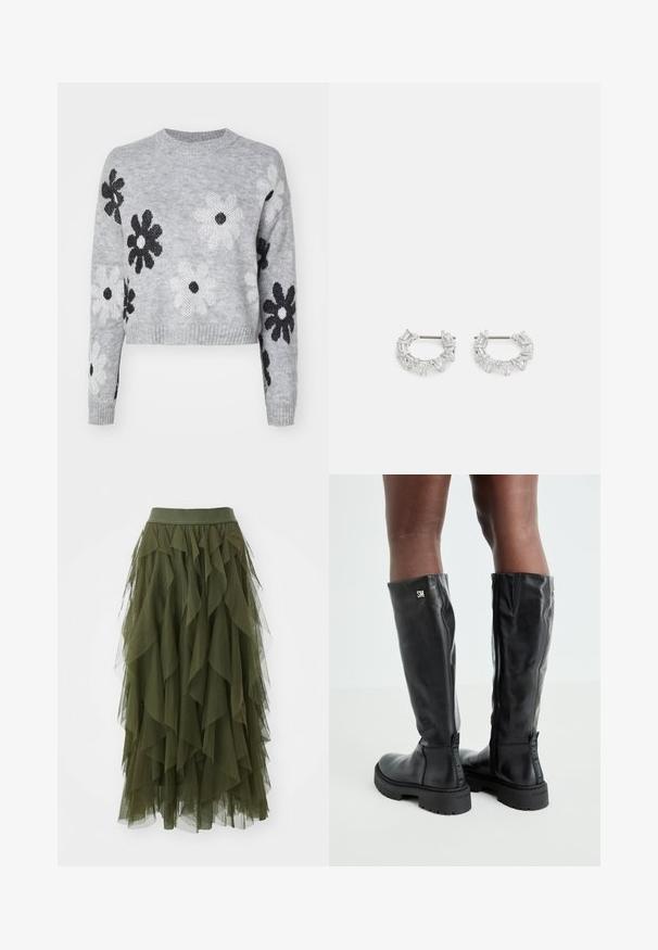 Light gray cropped knit sweater with black and white flower patterns, round neckline, and ribbed cuffs. Soft texture, casual design.; ONLY ONLSKY SKIRT - A-line skirt - winter moss; Black knee-high leather boots with a smooth texture, rounded toe, chunky sole, and zipper closure. Features silver logo on the side.; Silver hoop earrings featuring clear, rectangular and triangular crystals arranged in a patterned design. Posts for secure fastening.