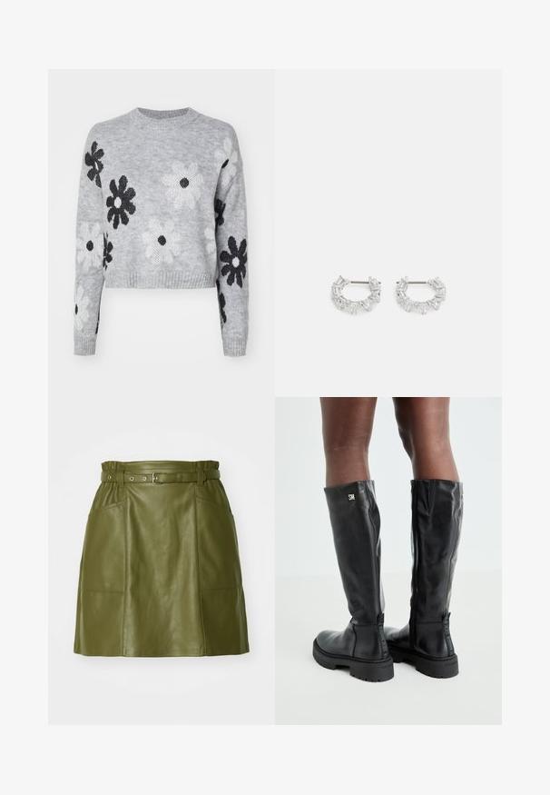 Helehallid lühikeste varrukatega kudum, millel on must-valged lillemustrid, ümmargune kaelus ja soonikkoes mansetid. Pehme tekstuur ja ajatu disain.; Olive roheline nahkne seelik, millel on vöökohaga vöö, kaks esist taskut ja sile tekstuur. A-linje disain kaasaegse siluetiga.; Mustad põlvikõrgused mustad nahast saapad, millel on sile tekstuur, ümar varvas, paks põhi ja tõmblukk. Küljel on hõbedane logo.; Hõbedased rõngakõrvarõngad, millel on selged, ristkülikukujulised ja kolmnurkse kujuga kristallid, mis on paigutatud mustriga disaini. Kõrvarõngaid kinnitavad postid, et tagada kindel kinnitamine.