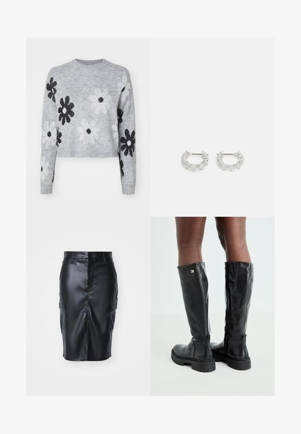 Hellgrauer, kurzgeschnittener Strickpullover mit schwarz-weißen Blumenmustern, Rundhalsausschnitt und gerippten Bündchen. Weiche Textur, lässiges Design.; Schwarzer, lederähnlicher Bleistiftrock mit mittellangem Design, ausgestattet mit einer frontalen Knopfverschluss und zwei seitlichen Cargo-Taschen. Glatte Textur.; Schwarze knielange Lederstiefel mit glatter Textur, abgerundetem Zeh, robustem Absatz und Reißverschluss. Mit silbernem Logo an der Seite.; Silberne Creolen mit klaren, rechteckigen und dreieckigen Kristallen, die in einem gemusterten Design angeordnet sind. Sicherer Halt durch Stecker.