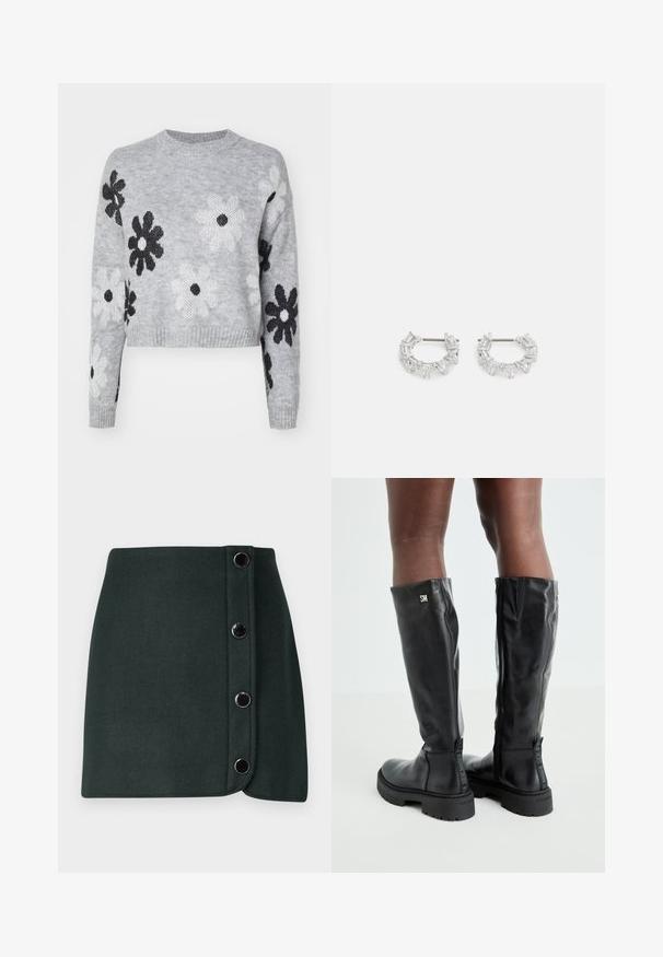 Lys grå kort strikkegenser med svart og hvitt blomstermønster, rund hals og ribbede mansjetter. Myk tekstur, uformelt design.; Mørkegrønn ullblandings omslagskjørt med sidestangknapp-lukking som har fem metallknapper og en glatt tekstur.; Svart knelengde lærstøvler med en glatt tekstur, avrundet tå, kraftig såle og glidelås. Har sølvfarget logo på siden.; Sølv hoops øredobber med klare, rektangulære og trekantede krystaller arrangert i et mønsterdesign. Stifter for sikker feste.