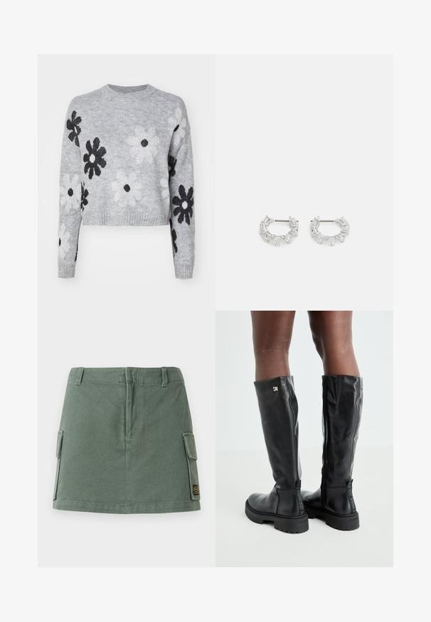 Lichtgrijze cropped gebreide trui met zwart-wit bloemenpatronen, ronde halslijn en ribgebreide manchetten. Zachte textuur, casual ontwerp.; Groene denim rok met een aansluitende tailleband, twee zijzakken en een patch aan de onderzijde rechts. Soepele textuur met een subtiele glans.; Zwarte leren kniehoge laarzen met een gladde textuur, ronde neus, stevige zool en ritssluiting. Voorzien van een zilveren logo aan de zijkant.; Zilveren oorbellen met ringen, versierd met heldere, rechthoekige en driehoekige kristallen die in een patroon zijn gerangschikt. Met gevest voor een veilige bevestiging.