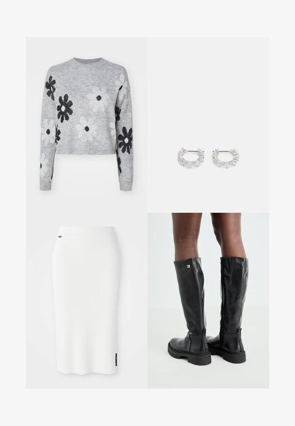 Pull en maille cropped gris clair avec des motifs floraux noirs et blancs, encolure ronde et poignets côtelés. Texture douce, design décontracté.; Jupe midi blanche à côtes avec une silhouette ajustée. Présente une étiquette de marque noire sur le côté. Le matériau a une texture lisse et une taille élastique.; Bottes noires en cuir montantes jusqu'aux genoux, avec une texture lisse, un bout arrondi, une semelle épaisse et une fermeture éclair. Présente un logo argent sur le côté.; Boucles d'oreilles en argent en forme de créoles avec des cristaux clairs, rectangulaires et triangulaires disposés en motif. Fermeture à tige pour un maintien sûr.