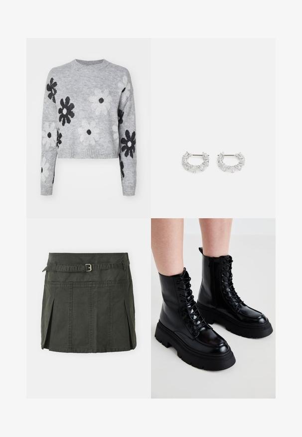 Šviesiai pilkas trumpas megztinis su juodais ir baltais gėlių raštais, apvaliu iškirpimu ir gumburuotomis rankovėmis. Minkšta tekstūra, laisvalaikio dizainas.; Tamsiai žalia medvilninė mini sijonas su prigludusia liemene, diržu ir priekinių klosčių detalėmis. Yra siuvinėjimo detalės ir klasikinis kirpimas.; Juodi odiniai aulinukai iki kulkšnies su masyviu padu, šnuoruojamos priekyje ir su šoniniu užtrauktuku; pasižymi lygia apdaila ir pakelta kojų dalimi.; Sidabrinės auskarų kabliukų formos auskarai, papuošti aiškiais, stačiakampiais ir trikampiais kristalais, kurie išdėstyti raštuotu dizainu. Tvirtinimai, užtikrinantys saugų prilaikymą.