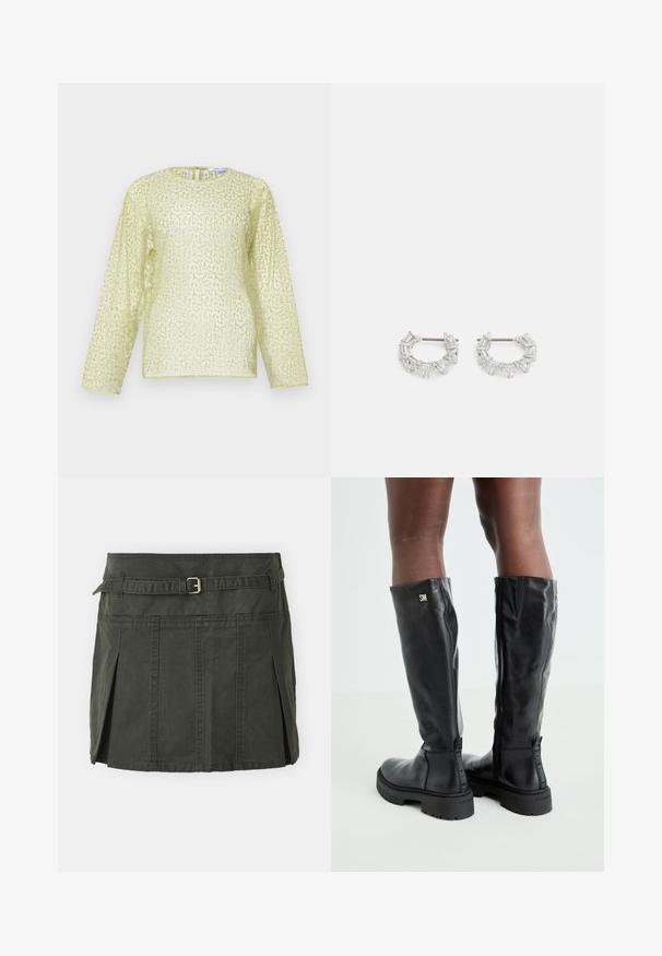 Hellgrauer, kurzgeschnittener Strickpullover mit schwarz-weißen Blumenmustern, Rundhalsausschnitt und gerippten Bündchen. Weiche Textur, lässiges Design.; Langärmlige Bluse in Hellgelb mit strukturierter, glitzernder Oberfläche. Verfügt über einen Rundhalsausschnitt und einen verdeckten Reißverschluss am Rücken. Weiches Material.; Dunkelgrüner Baumwoll-Minirock mit einem eng anliegenden Bund, einem Gürtel und vorderen Falten. Verfügt über Steppdetails und einen klassischen Schnitt.; Schwarze knielange Lederstiefel mit glatter Textur, abgerundetem Zeh, robustem Absatz und Reißverschluss. Mit silbernem Logo an der Seite.; Silberne Creolen mit klaren, rechteckigen und dreieckigen Kristallen, die in einem gemusterten Design angeordnet sind. Sicherer Halt durch Stecker.