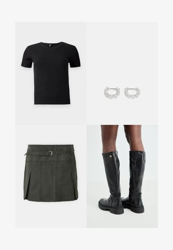 Maglione corto grigio chiaro a maglia con motivi floreali in bianco e nero, scollo rotondo e polsini a costine. Tessuto morbido, design casual.; T-shirt nero a maniche corte realizzato in tessuto a coste. Presenta un classico col girocollo e una silhouette aderente. Nessun accento aggiuntivo.; Gonna mini in cotone verde scuro, con vita aderente, una cintura e pieghe frontali. Presenta dettagli di cucitura e un taglio classico.; Stivali in pelle nera al ginocchio con texture liscia, punta arrotondata, suola spessa e chiusura con zip. Presenta un logo argentato sul lato.; Orecchini a cerchio in argento con cristalli trasparenti, rettangolari e triangolari disposti in un design a motivi. presenza di perni per un fissaggio sicuro.
