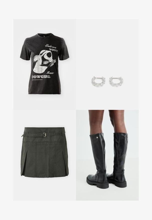 Light gray cropped knit sweater with black and white flower patterns, round neckline, and ribbed cuffs. Soft texture, casual design.; Black cotton t-shirt with short sleeves, featuring a graphic of a cowboy hat and text in white. Raw edge neckline and distressed texture.; Dark green, cotton mini skirt with a fitted waist, a belt, and front pleats. Features stitching details and a classic cut.; Black knee-high leather boots with a smooth texture, rounded toe, chunky sole, and zipper closure. Features silver logo on the side.; Silver hoop earrings featuring clear, rectangular and triangular crystals arranged in a patterned design. Posts for secure fastening.