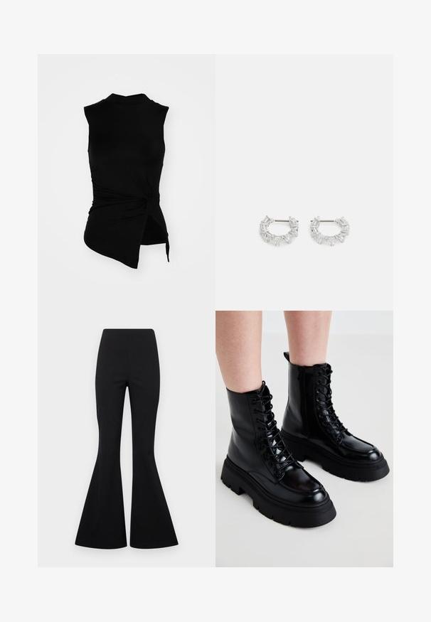 Helehallid lühikeste varrukatega kudum, millel on must-valged lillemustrid, ümmargune kaelus ja soonikkoes mansetid. Pehme tekstuur ja ajatu disain.; Noisy May NMGOYA KNOT - Topp - black; Mustad laiad püksid, mis on valmistatud venivast kangast, millel on sile tekstuur, ning kõrgema vöökoha ja laia, kellukesena avarduva säärekujundusega.; Mustad mustad musta nahast ankle botased, plastne tald, kinni seotud esiosa ja külgrihm; iseloomustab sile viimistlus ja kõrgendatud varbakiht.; Hõbedased rõngakõrvarõngad, millel on selged, ristkülikukujulised ja kolmnurkse kujuga kristallid, mis on paigutatud mustriga disaini. Kõrvarõngaid kinnitavad postid, et tagada kindel kinnitamine.