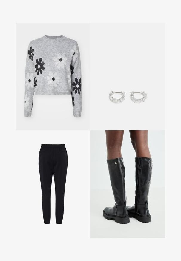 Svijetlosivi skraćeni pleteni džemper s uzorkom crno-bijelih cvjetova, okruglim izrezom i rebrastim manžetama. Mekana tekstura, ležerni dizajn.; Crne hlače s suženim dizajnom, elastičnim pojasom i dva stražnja džepa. Glatka tekstura, bez vidljivih uzoraka ili metalnih dijelova.; Crne kožne čizme do koljena s glatkom teksturom, okruglim vrhom, debelim potplatom i zatvaranjem na patentni zatvarač. Sadrže srebrni logo sa strane.; Srebrne naušnice s okruglom petljom koje sadrže prozirne, pravokutne i trokutaste kristale raspoređene u uzorak. Kopče za sigurno pričvršćivanje.