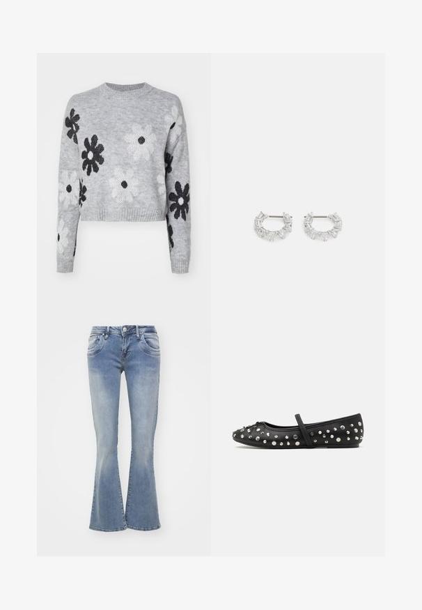 Vaaleanharmaa lyhytnenäinen neulepaita, jossa on mustavalkoisia kukkakuviota, pyöreä pääntie ja ribbireunat. Pehmeä rakenne, rento muotoilu.; Sinisiä farkkuja, joissa on kevyesti käytetty pesu, viisi taskua ja napakiinnitys. Lahkeet ovat leveät helmasta.; Mustat balettikengät, jotka on valmistettu nahasta ja joissa on koristeelliset hopeiset niitit. Niissä on hihna vaipan päällä ja pyöreä kärki.; Hopeat renkaat, joissa on läpinäkyviä suorakulmio- ja kolmiomuotoisia kiteitä, jotka on järjestetty kuvioituna. Korkealaatuiset kiinnityspisteet turvallista kiinnittämistä varten.