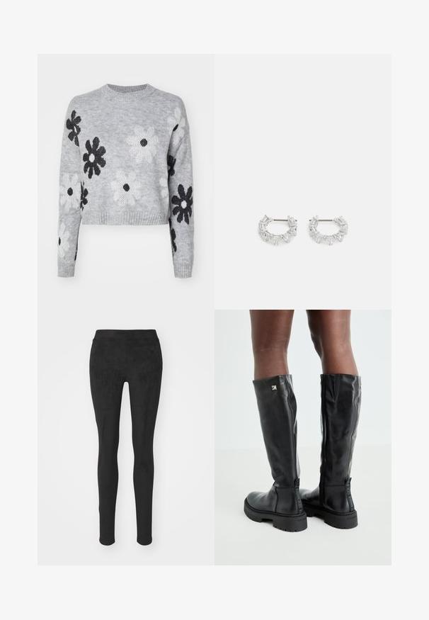 Light gray cropped knit sweater with black and white flower patterns, round neckline, and ribbed cuffs. Soft texture, casual design.; Black legging made of soft, stretchy fabric. Features a high waistband and a smooth, matte texture without visible seams or patterns.; Black knee-high leather boots with a smooth texture, rounded toe, chunky sole, and zipper closure. Features silver logo on the side.; Silver hoop earrings featuring clear, rectangular and triangular crystals arranged in a patterned design. Posts for secure fastening.