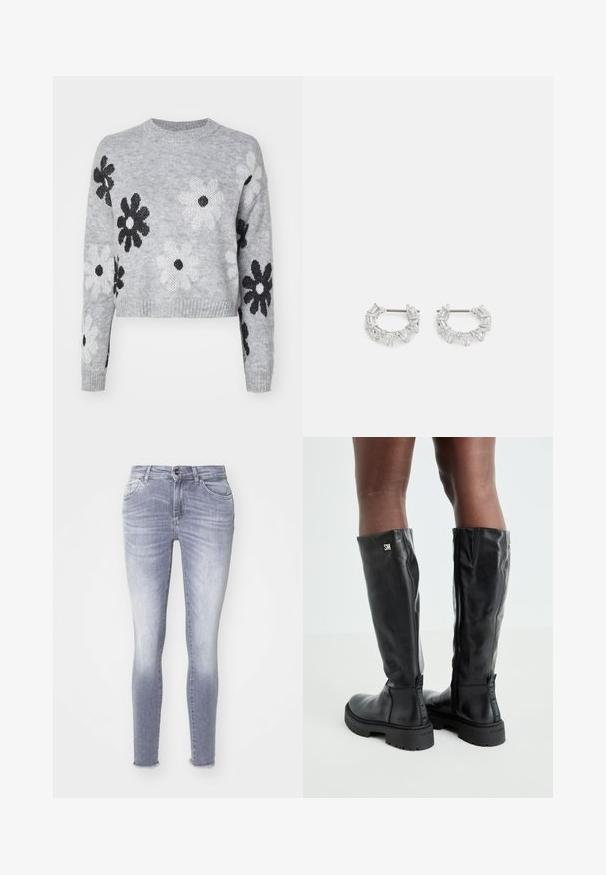 Svijetlosivi skraćeni pleteni džemper s uzorkom crno-bijelih cvjetova, okruglim izrezom i rebrastim manžetama. Mekana tekstura, ležerni dizajn.; Uske traperice u svijetloplavoj boji, s izblijedjelim pranje, pet džepova i rastegnutim rubom. Suptilni detalji šivanja duž cijele odjeće.; Crne kožne čizme do koljena s glatkom teksturom, okruglim vrhom, debelim potplatom i zatvaranjem na patentni zatvarač. Sadrže srebrni logo sa strane.; Srebrne naušnice od obruča s pravokutnim i trokutnim prozirnim kristalima aranžiranim u kružnom uzorku, s središnjim postom za zatvaranje.