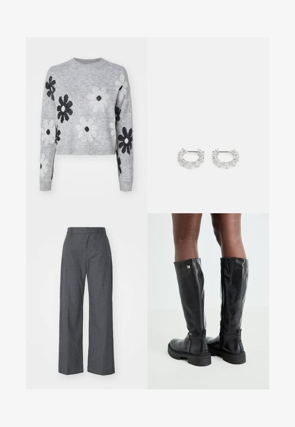 Šviesiai pilkas trumpas megztinis su juodais ir baltais gėlių raštais, apvaliu iškirpimu ir gumburuotomis rankovėmis. Minkšta tekstūra, laisvalaikio dizainas.; GAP EASY NON PLEATED - Kelnės - charcoal; Juodos iki kelių odinės botai su lygiu paviršiumi, apvaliu pirštu, stambiu padu ir užtrauktuku. Ant šono yra sidabrinė logo.; Sidabrinės auskarų kabliukų formos auskarai, papuošti aiškiais, stačiakampiais ir trikampiais kristalais, kurie išdėstyti raštuotu dizainu. Tvirtinimai, užtikrinantys saugų prilaikymą.