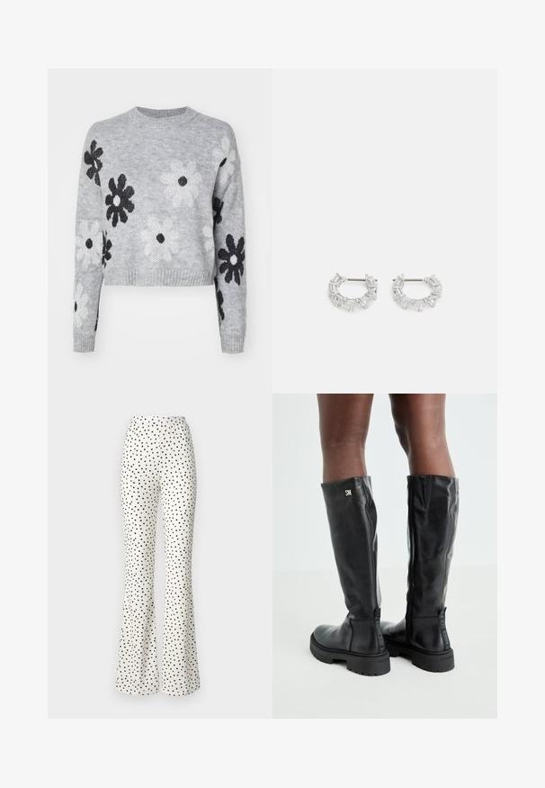 Pull en maille cropped gris clair avec des motifs floraux noirs et blancs, encolure ronde et poignets côtelés. Texture douce, design décontracté.; Pantalons blancs évasés avec des pois noirs. Texture côtelée, taille élastique et coupe ample au niveau des jambes. Coupe droite à l'ourlet.; Bottes noires en cuir montantes jusqu'aux genoux, avec une texture lisse, un bout arrondi, une semelle épaisse et une fermeture éclair. Présente un logo argent sur le côté.; Boucles d'oreilles en argent en forme de créoles avec des cristaux clairs, rectangulaires et triangulaires disposés en motif. Fermeture à tige pour un maintien sûr.