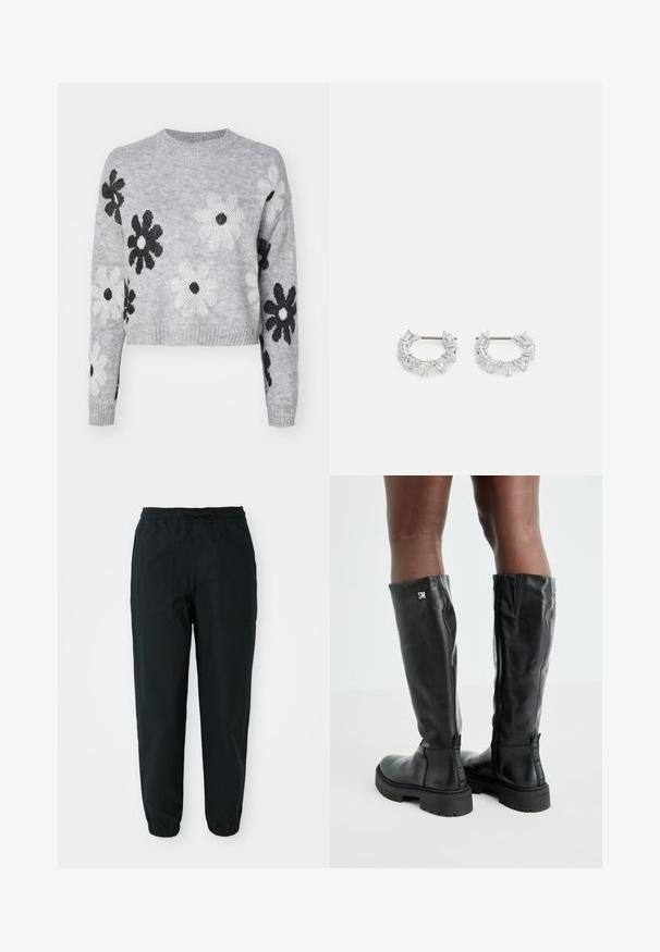Gaišpelēka īsa adīta džemperis ar melnbaltiem ziedu rakstiem, apaļš dekoltē un ribotas piedurknes. Mīksta tekstūra, ikdienišķs dizains.; Melnas šauras bikses, izgatavotas no gludas auduma, ar elastīgu jostu, auklu un sānu kabatām. Elastīgi aproces pie potītēm.; Melnas ādas zābaki līdz ceļiem ar gludu tekstūru, noapaļotu purngali, masīvu zoli un rāvējslēdzēju. Sānos atrodas sudraba logo.; Sudraba auskari ar apaļām gredzeniem, kuriem ir caurspīdīgi, taisnstūra un trīsstūra formas kristāli, sakārtoti rakstainā dizainā. Ar stiprinājuma tapas drošai fiksēšanai.