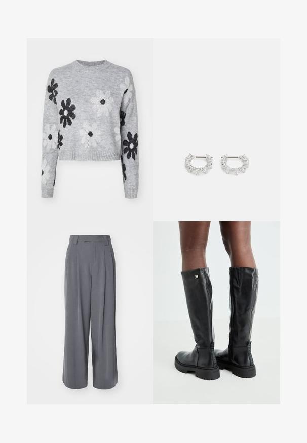 Helehallid lühikeste varrukatega kudum, millel on must-valged lillemustrid, ümmargune kaelus ja soonikkoes mansetid. Pehme tekstuur ja ajatu disain.; Hallid hallid laiad pükse sujuvast kangast, millel on kõrge vöökoht, plisseeringud ja kohandatud disain, ilma nähtavate mustrite või aktsentideta.; Mustad põlvikõrgused mustad nahast saapad, millel on sile tekstuur, ümar varvas, paks põhi ja tõmblukk. Küljel on hõbedane logo.; Hõbedased rõngakõrvarõngad, millel on selged, ristkülikukujulised ja kolmnurkse kujuga kristallid, mis on paigutatud mustriga disaini. Kõrvarõngaid kinnitavad postid, et tagada kindel kinnitamine.