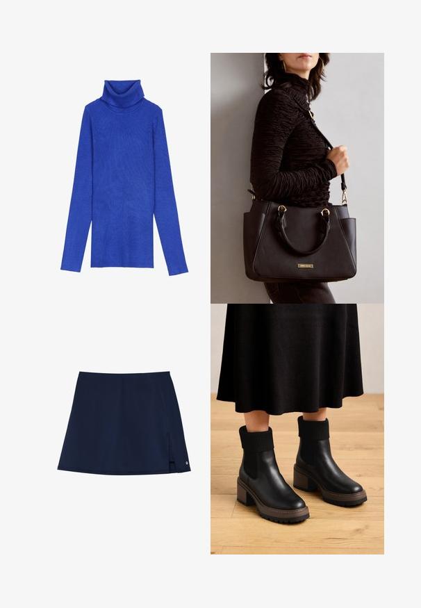 Kongeligt blåt ribstrikket turtleneck-sweater lavet af tekstureret stof med lange ærmer og en fold-over krave, der har en smal pasform.; Marineblå skorts med et letvægts, glat stof. Har en sideslids og en lille logo-accent på den højre forkant. A-formet.; Sorte læder ankelstøvler med ribbet stofmanchetter, chunky brun hæl og tekstureret sål. Glat overflade med elastiske sidepaneler.; Sort håndtaske med struktureret overflade, dobbelt topbærere og justerbar skulderrem. Udstyret med guldfarvet metalhardware og sidelommer.